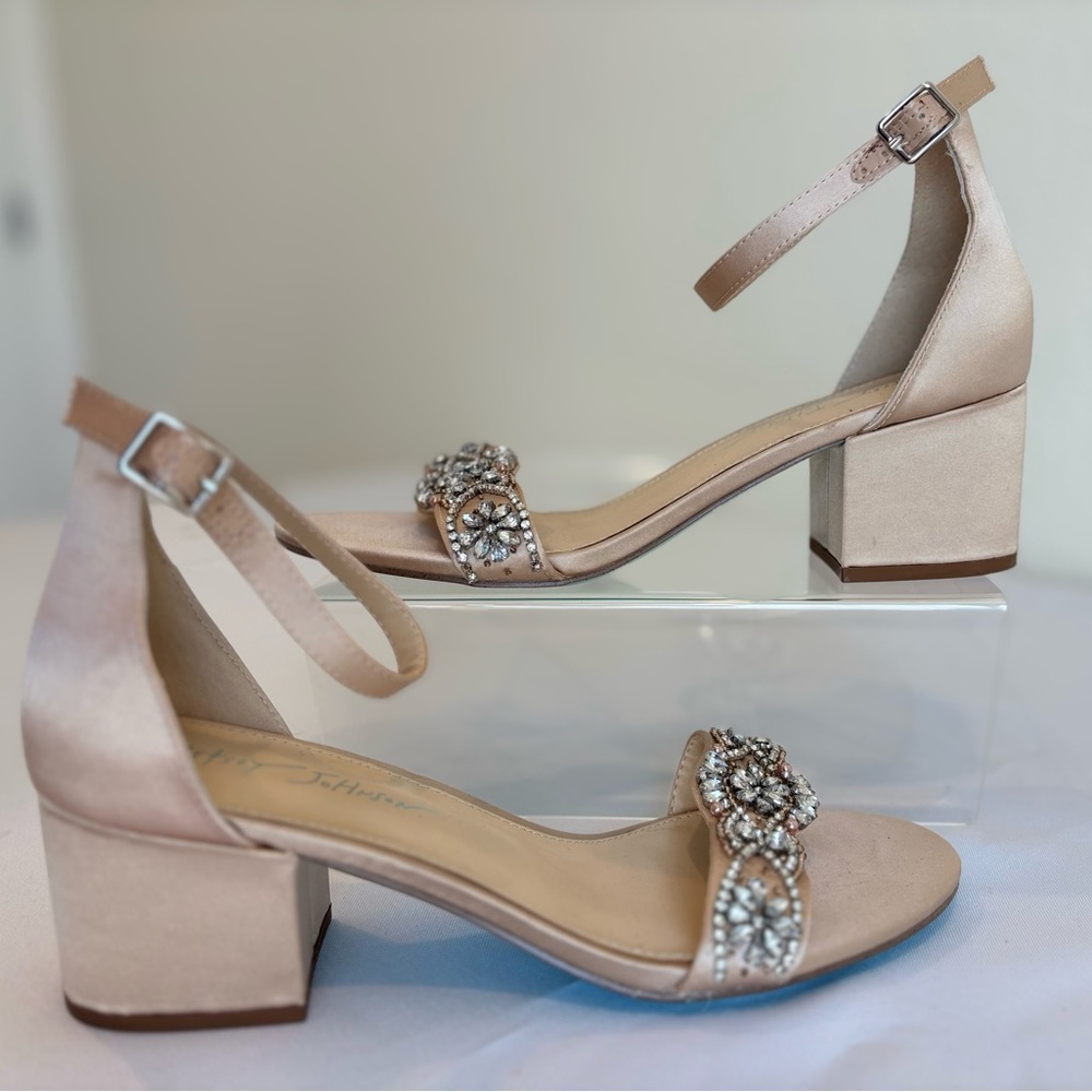 Betsey Johnson Blush Pink Satin Block Heel Sandals with Crystal Embellishment